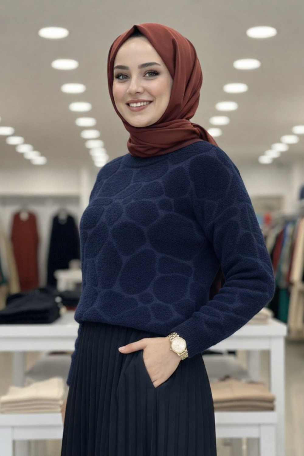 Cozy Dokulu Tesettür Kazak- Lacivert Standart (36-38-40 Uyumlu)