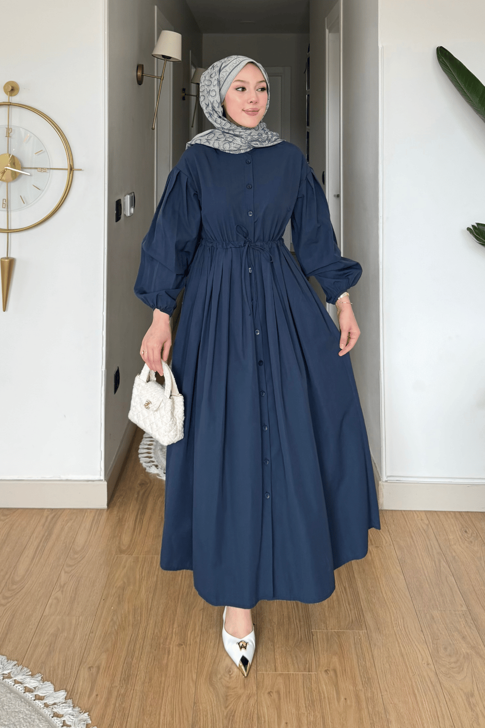 Divol Poplin Kumaş Düğmeli Tesettür Elbise- Lacivert