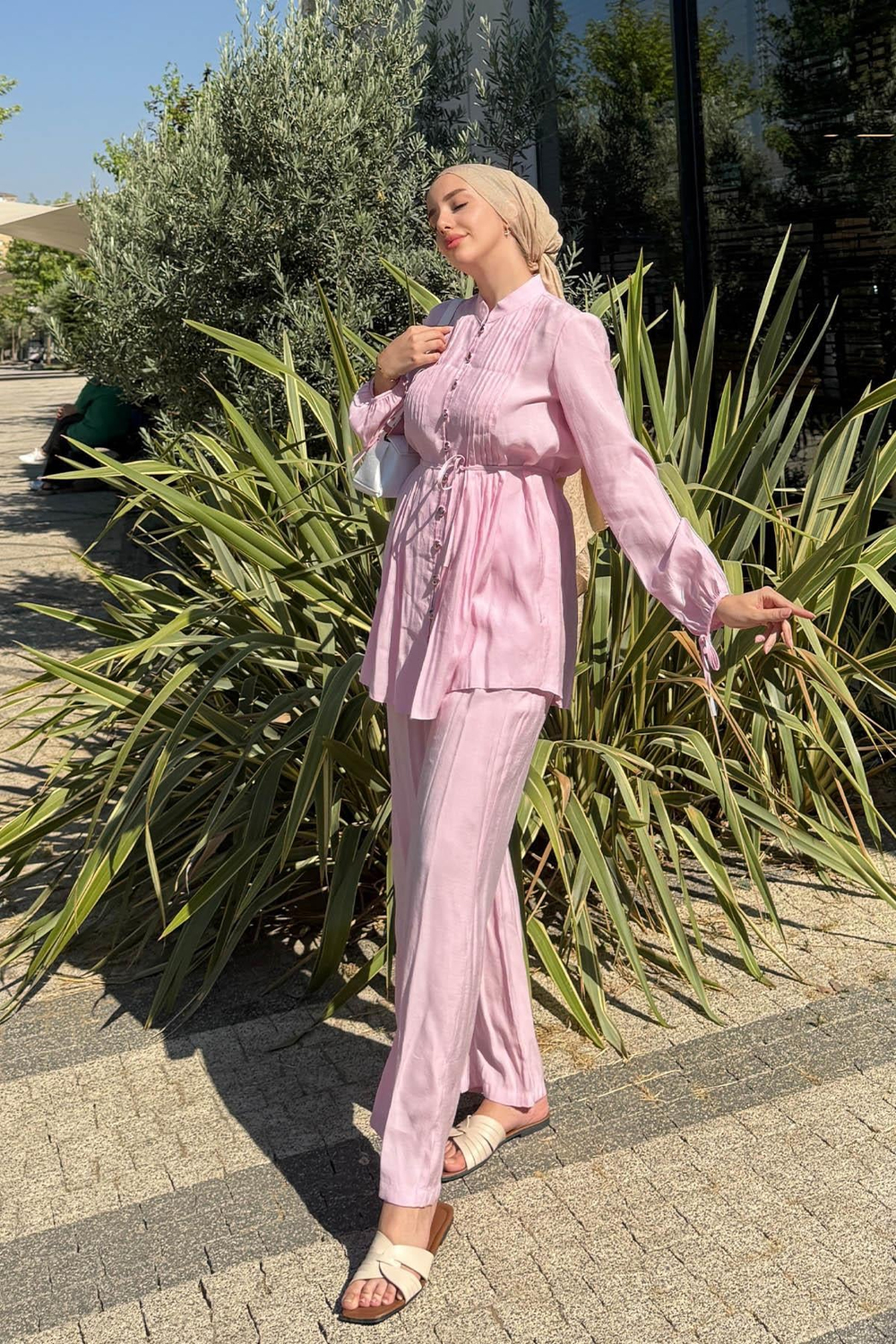 Düğmeli Tunikli Yazlık Kumaş Tril Tril Takım - Pembe