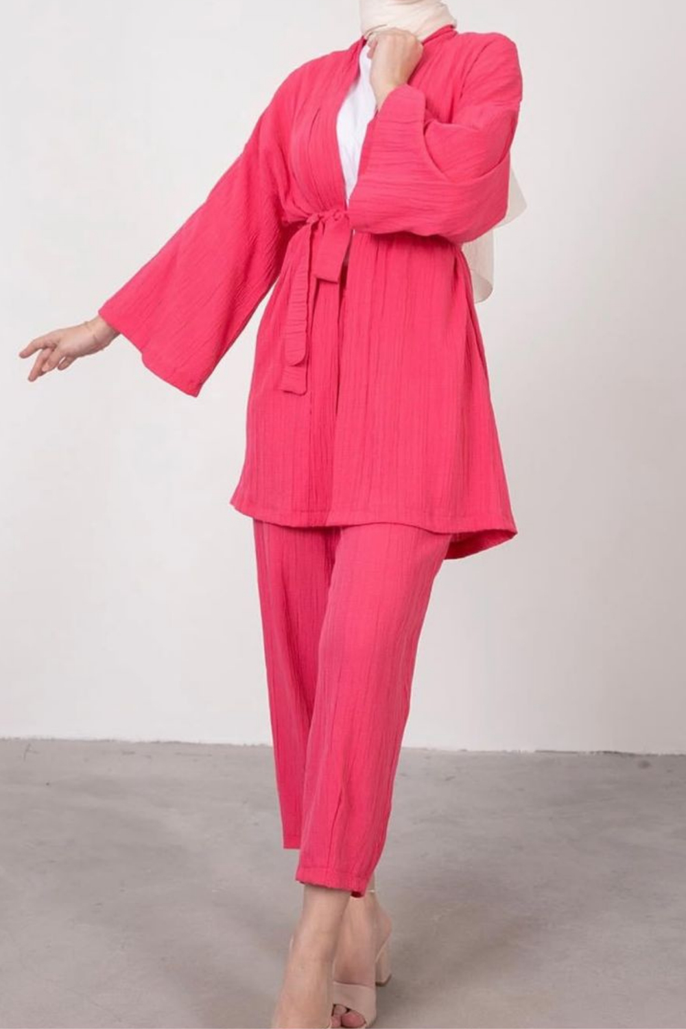 Gölge Kumaş Kuşaklı Kimono Tesettür Takım- Pembe