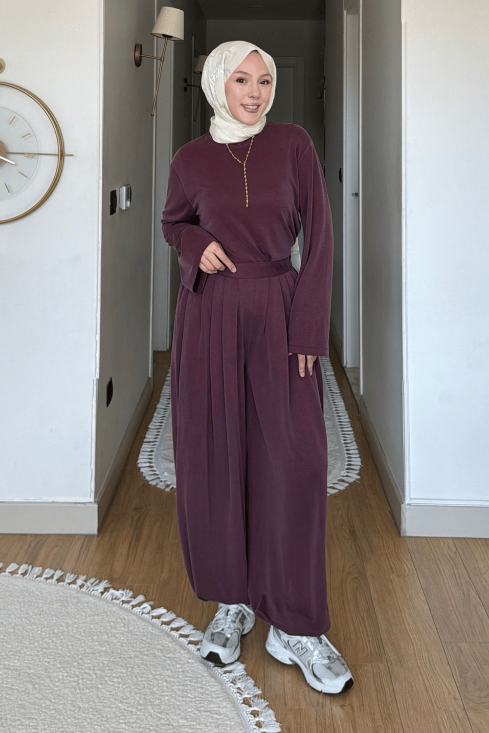Habel Pike Orijinal Modal Kumaş Şalvar Pantolonlu Tesettür Takım- Mürdüm
