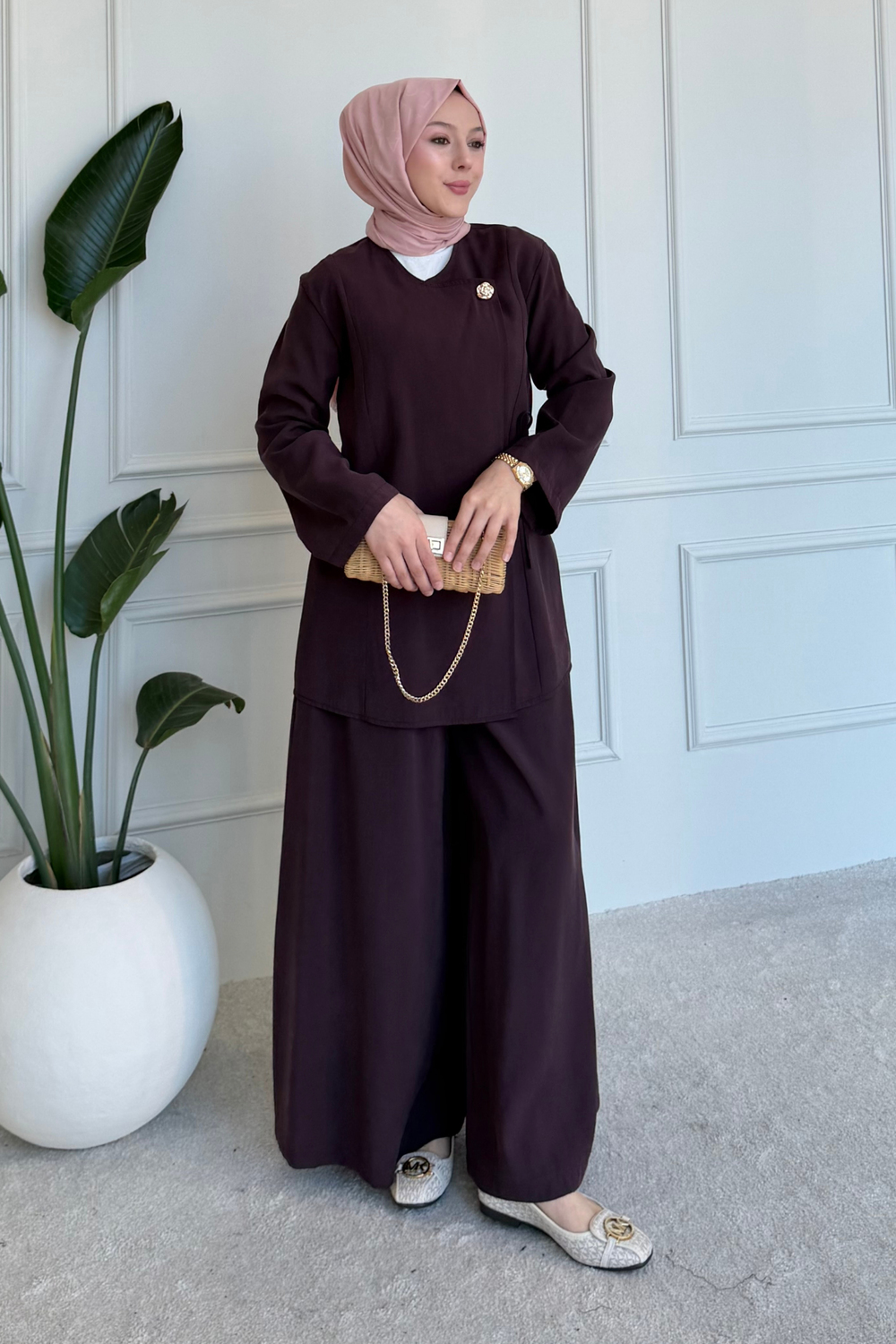 Hera Cupra Tansel Kumaş Broşlu Kimono Tesettür Takım- Mürdüm