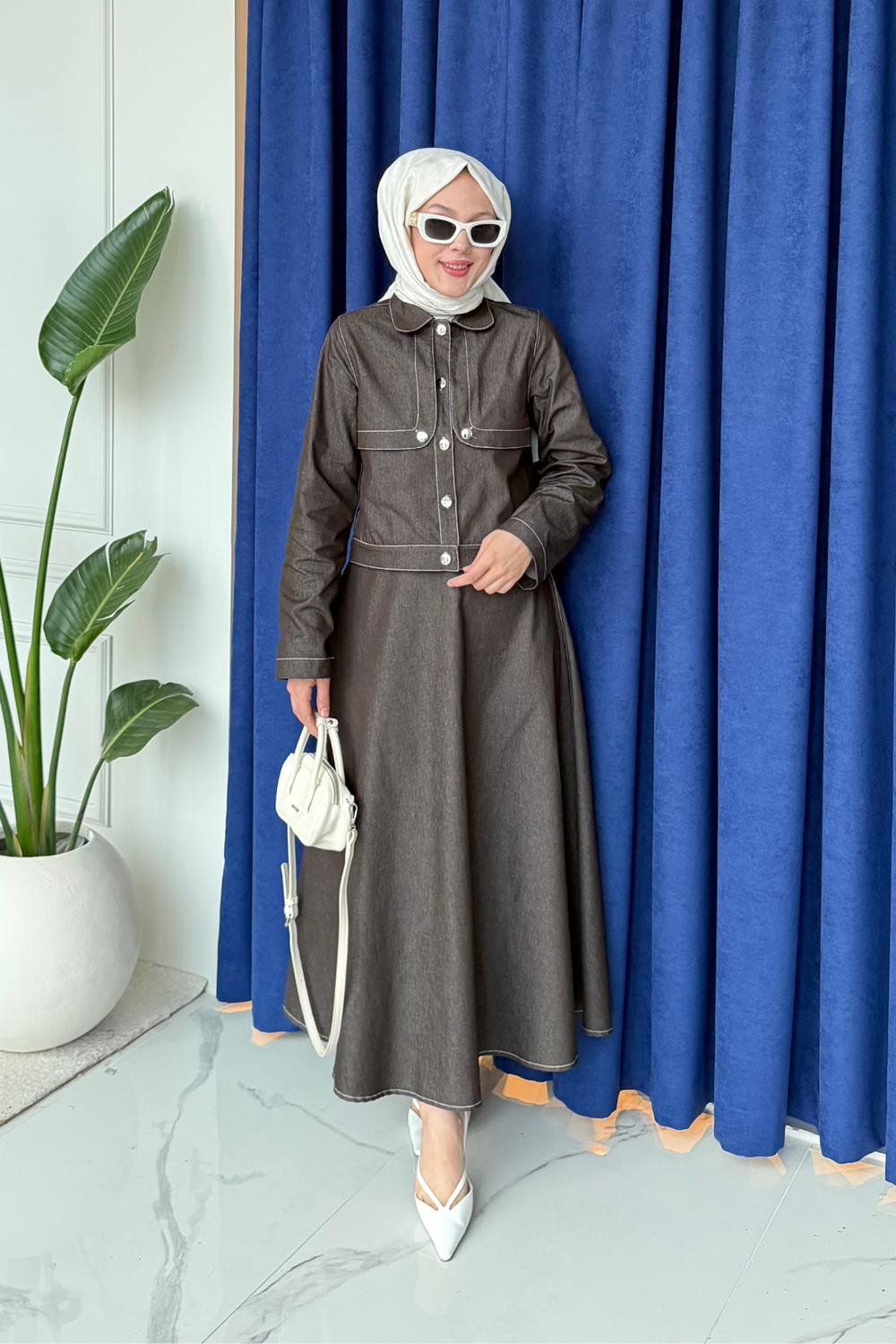 Hola Denim Ceket Etek Tesettür Takım- Acı Kahve