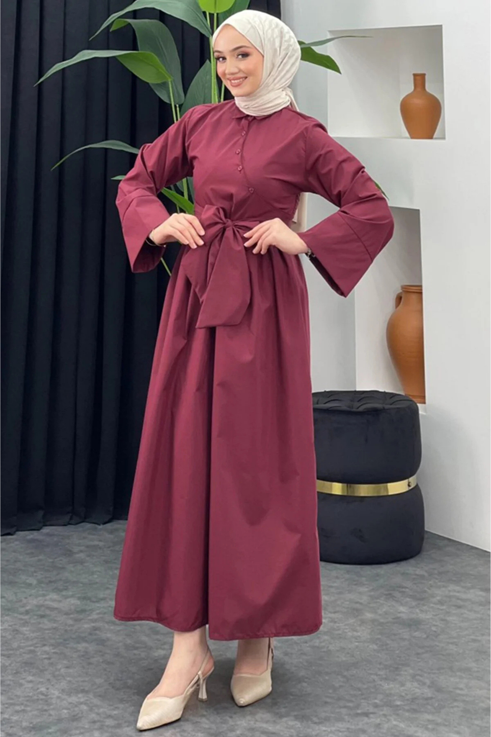 Kadın Bağlama Detaylı Gömlek Elbise- Bordo