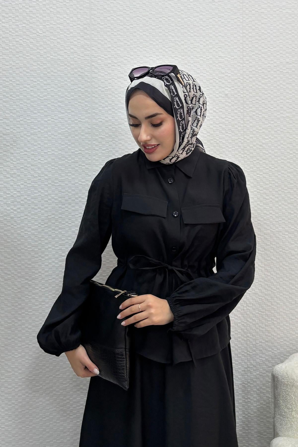 Kadın Beli Bağlamalı Tesettür Etek Takım Siyah