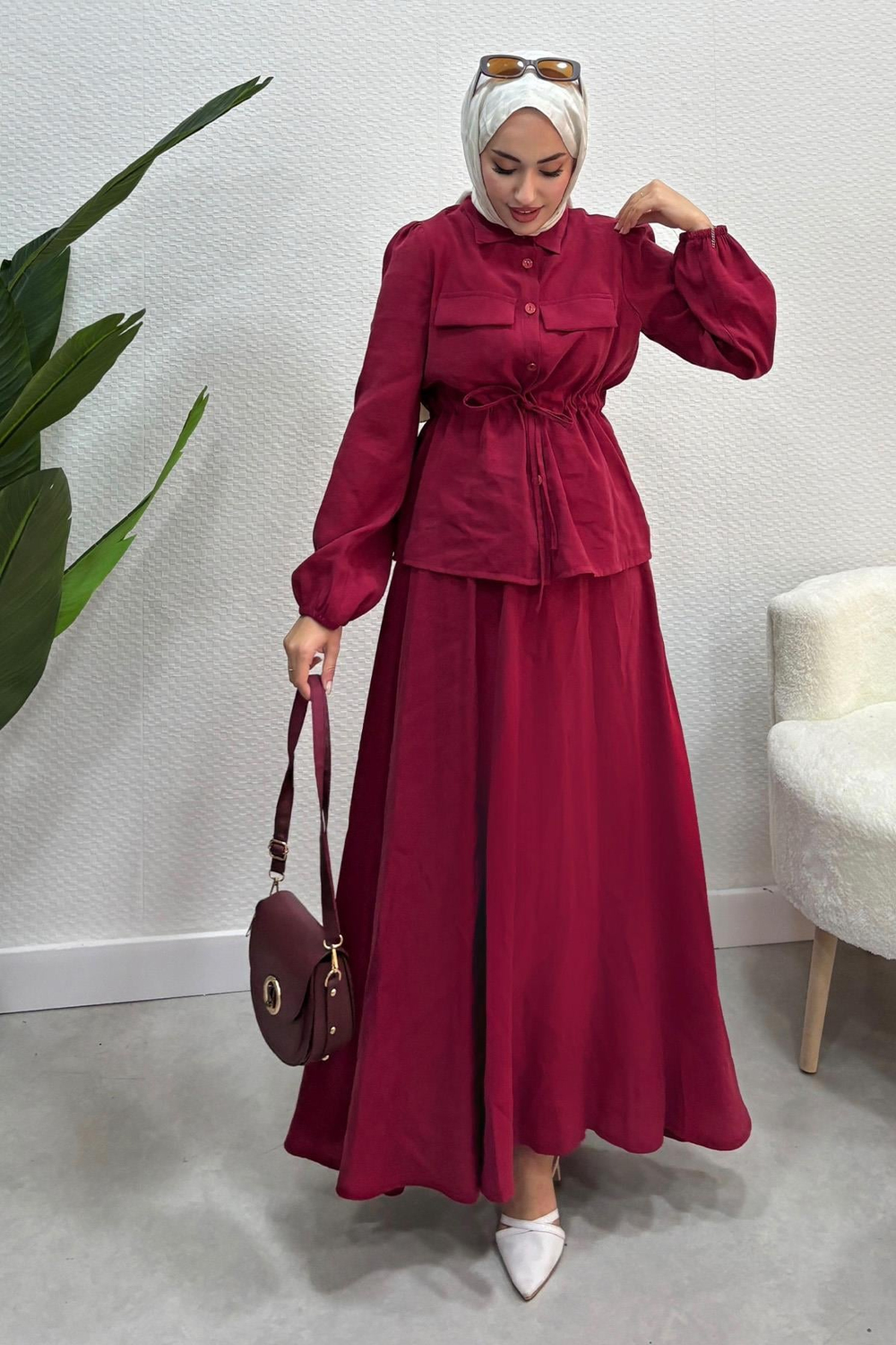 Kadın Beli Bağlamalı Tesettür Etek Takım Bordo