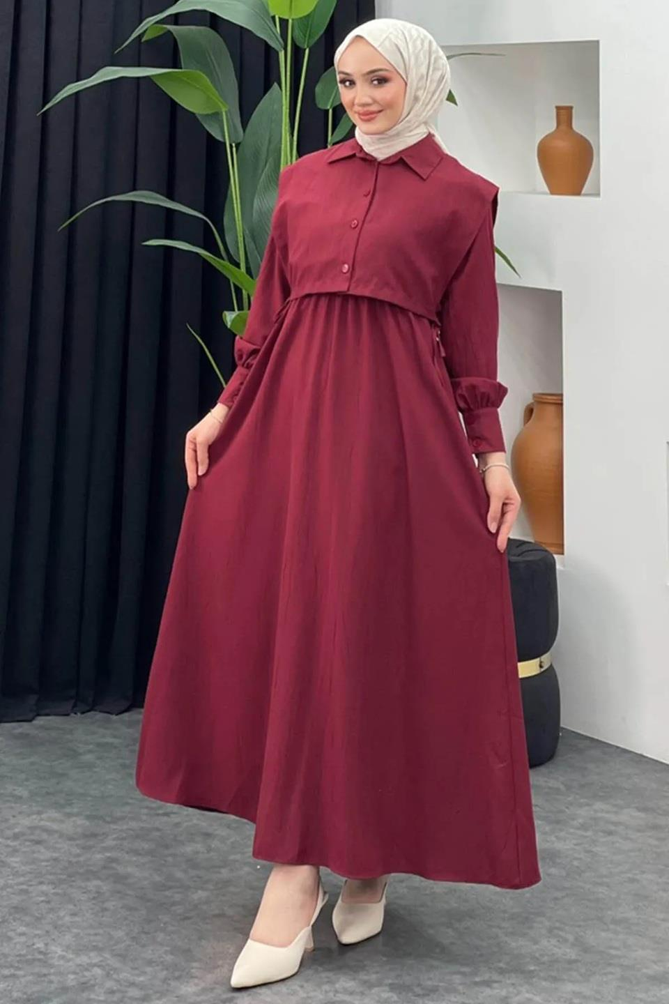 Kadın Bolerolu Lizza Kumaş Tesettür Elbise-Bordo
