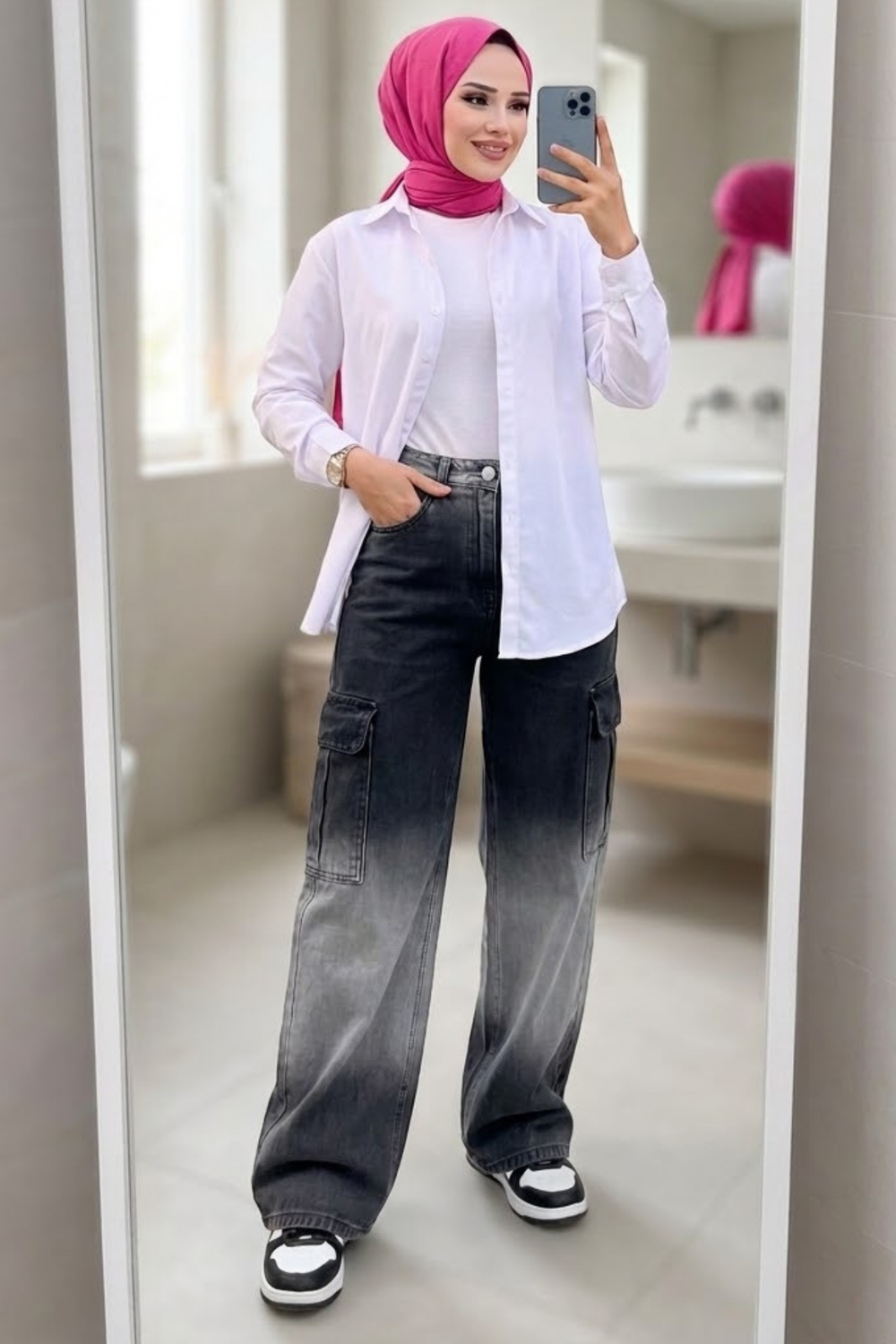 Kadın Kargo Cepli Baggy Kot Pantolon- Gri Siyah