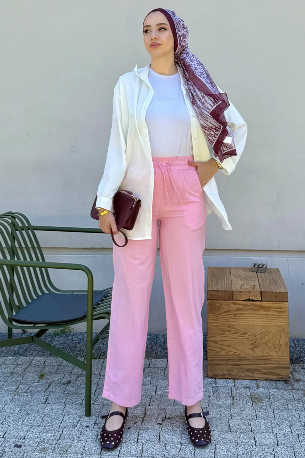 Kadın Keten Kumaş Cepli Beli Lastikli Pantolon- Pembe