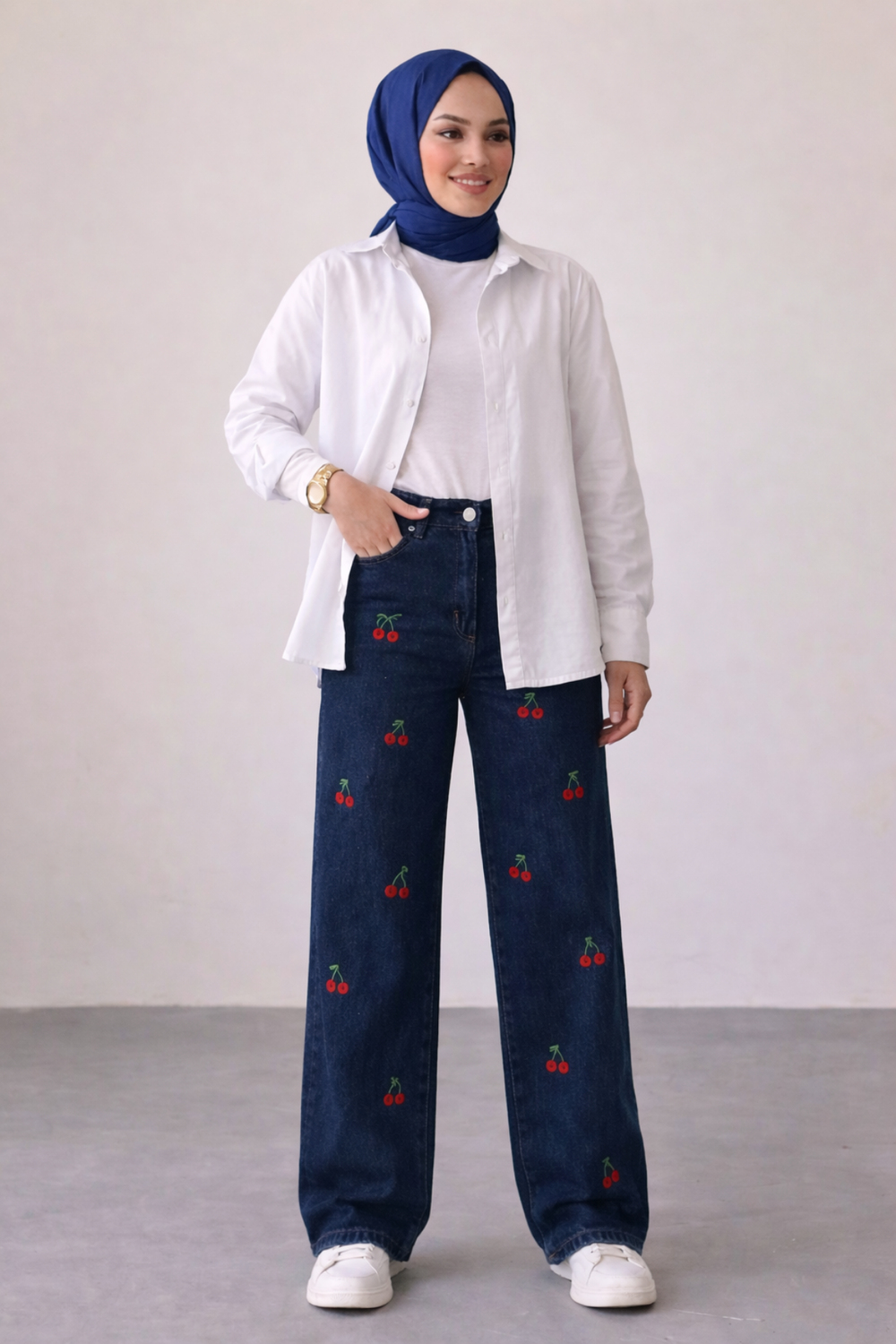 Kadın Kirazlı Baggy Kot Pantolon- Koyu Lacivert