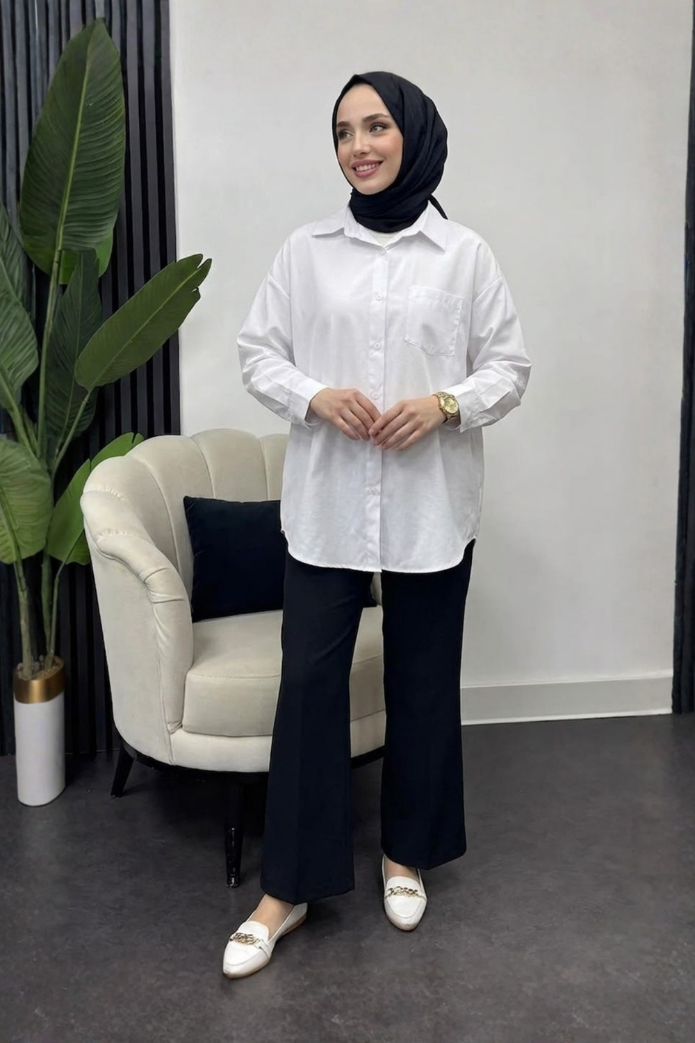 Kadın Oversize Cepli Gömlek-Beyaz