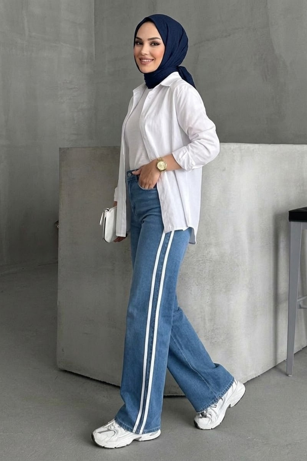 Kadın Şeritli Baggy Kot Pantolon- Mavi Beyaz