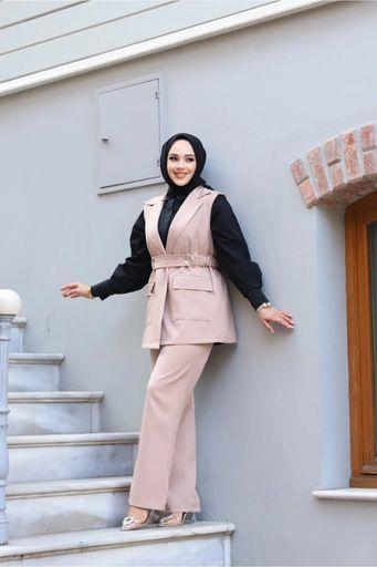 Kemerli Yelekli İkili Takım Vizon