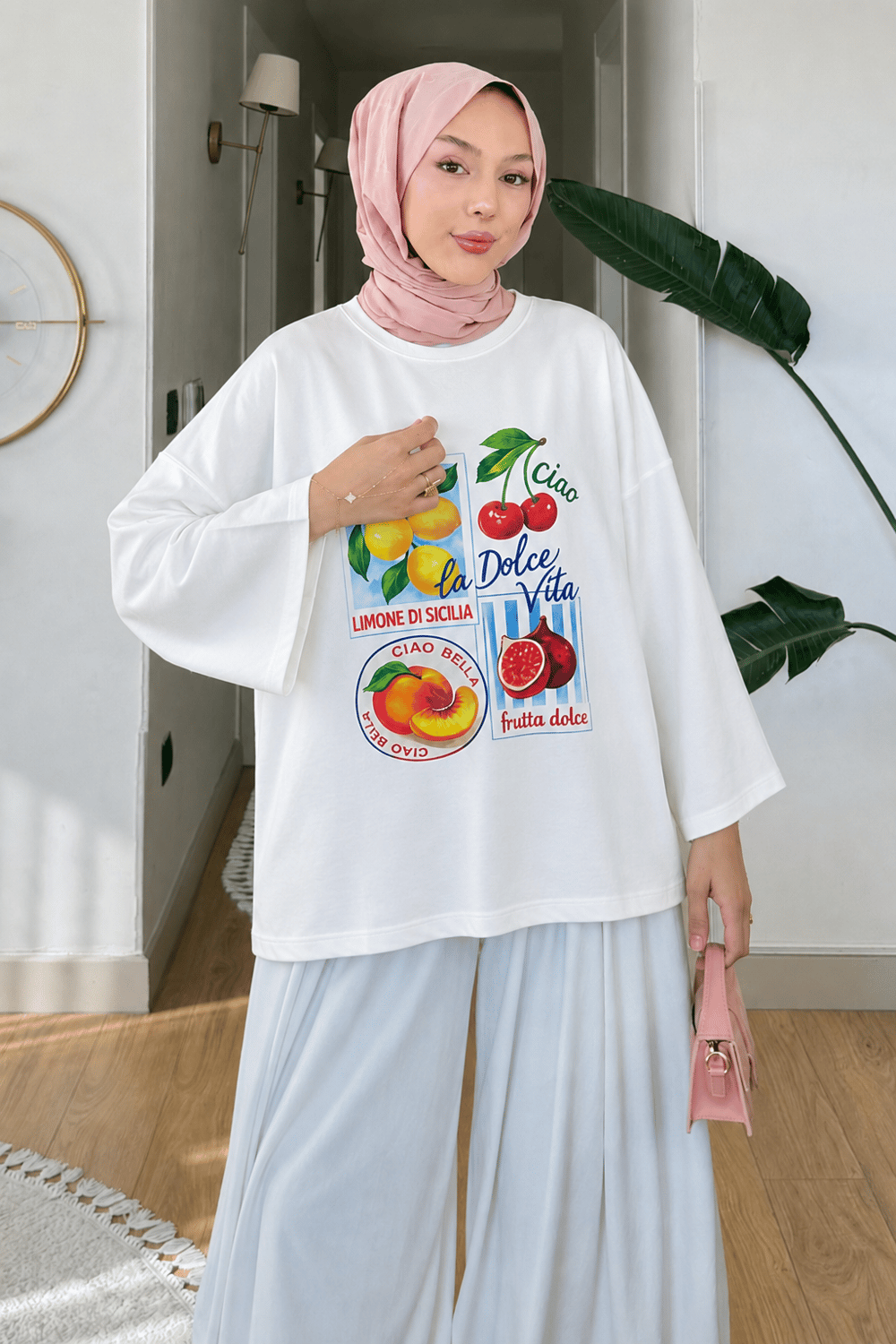 Lemonade Baskılı Tesettür Tunik- Beyaz