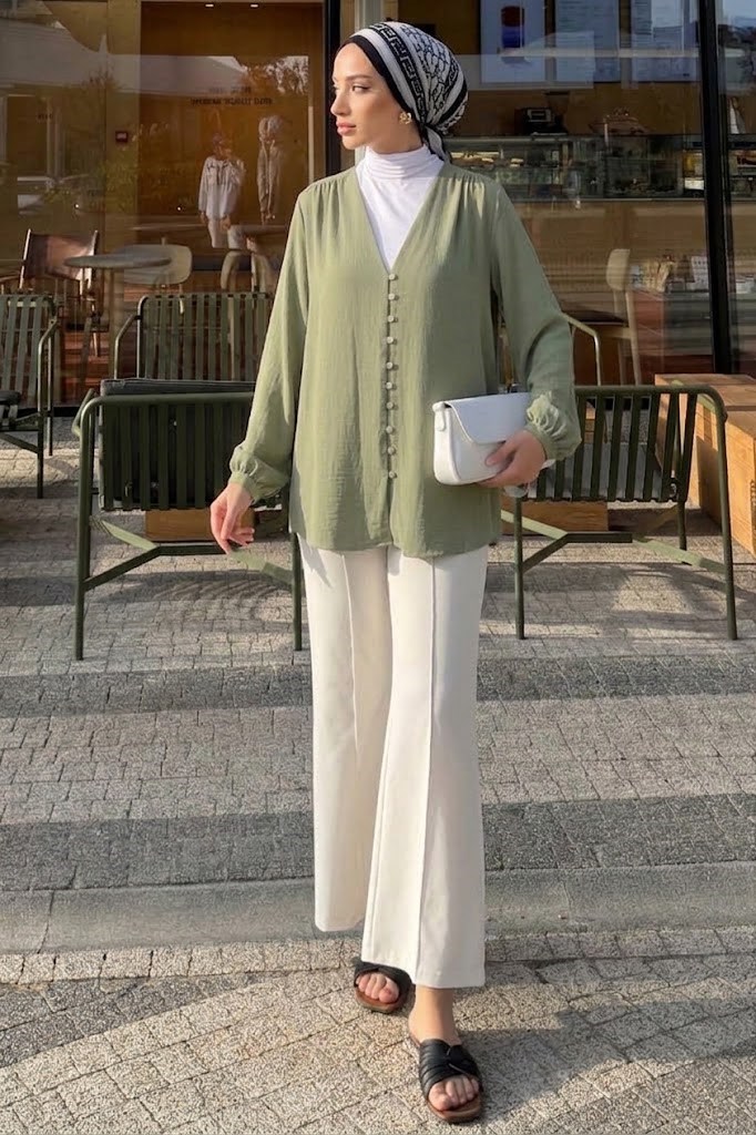 Lena Çağla Yeşili Keten Kimono- Standart Beden (38-42 Uyumlu)