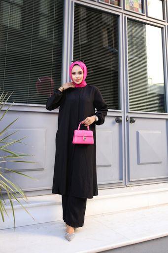 Lizza Kreş Kumaş Yandan Yırtmaçlı Uzun Tunikli Pantolonlu Takım Siyah
