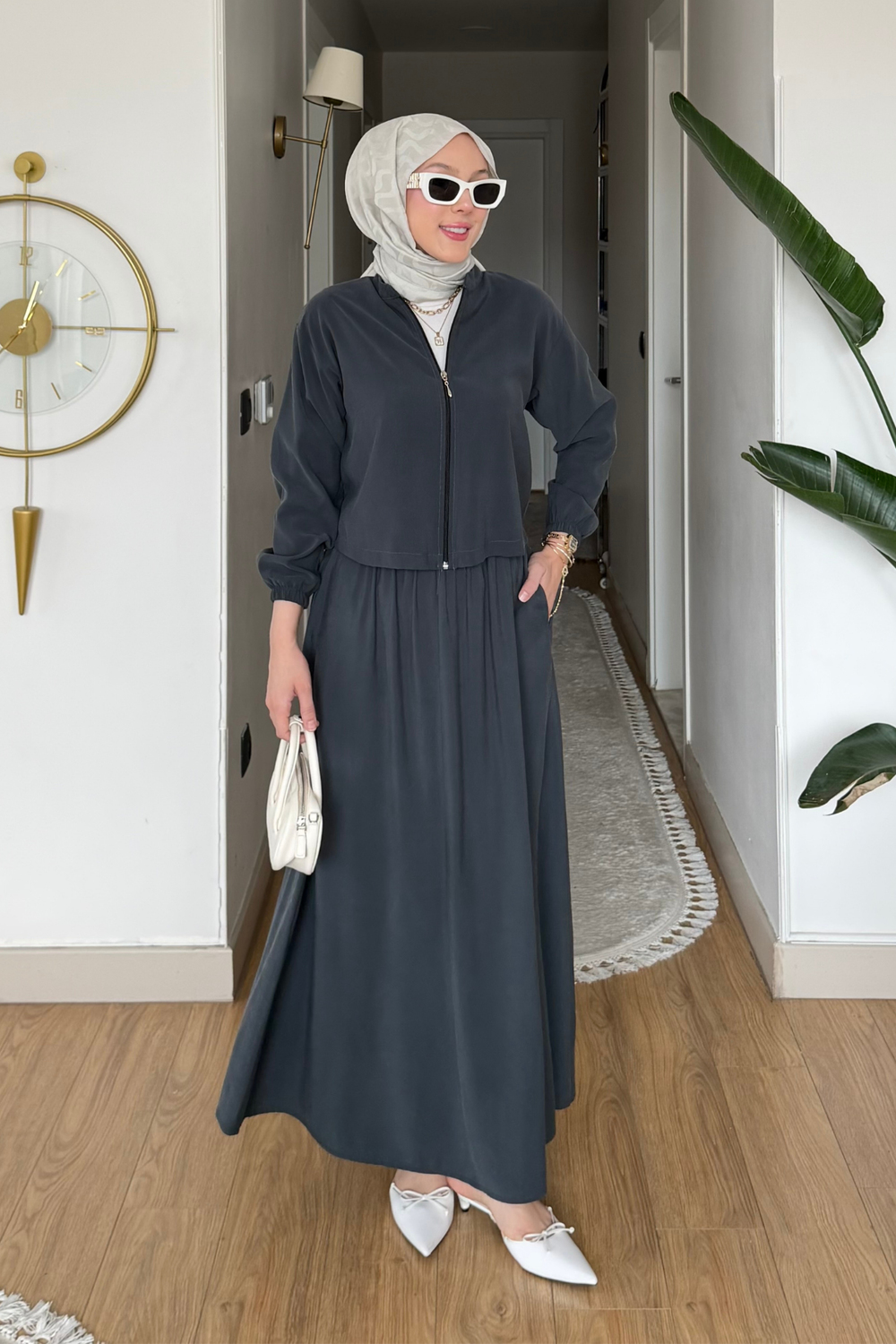 Mary Tansel Kumaş Fermuarlı Ceket-Etek Tesettür Takım- Antrasit