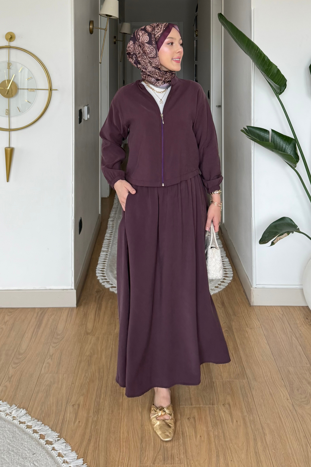 Mary Tansel Kumaş Fermuarlı Ceket-Etek Tesettür Takım- Mürdüm