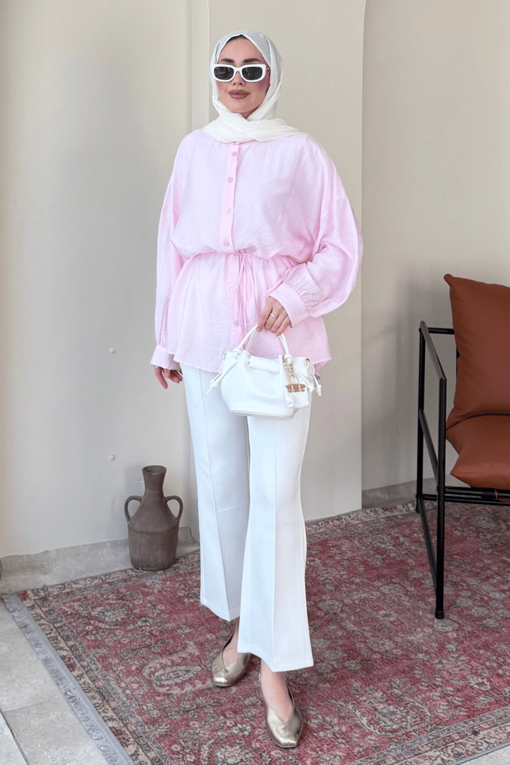 Mery Jakarlı Tül Modal Kumaş Oversize Gömlek- Pembe Standart (38-46 Uyumlu)