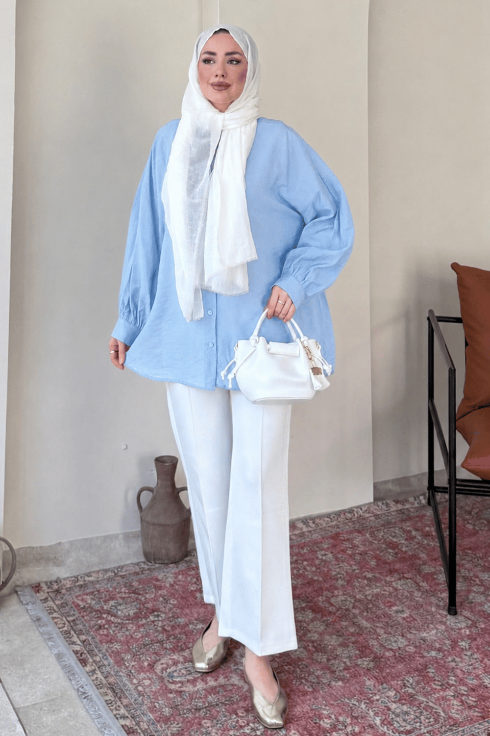 Mery Jakarlı Tül Modal Kumaş Oversize Gömlek- Mavi Standart (38-46 Uyumlu)
