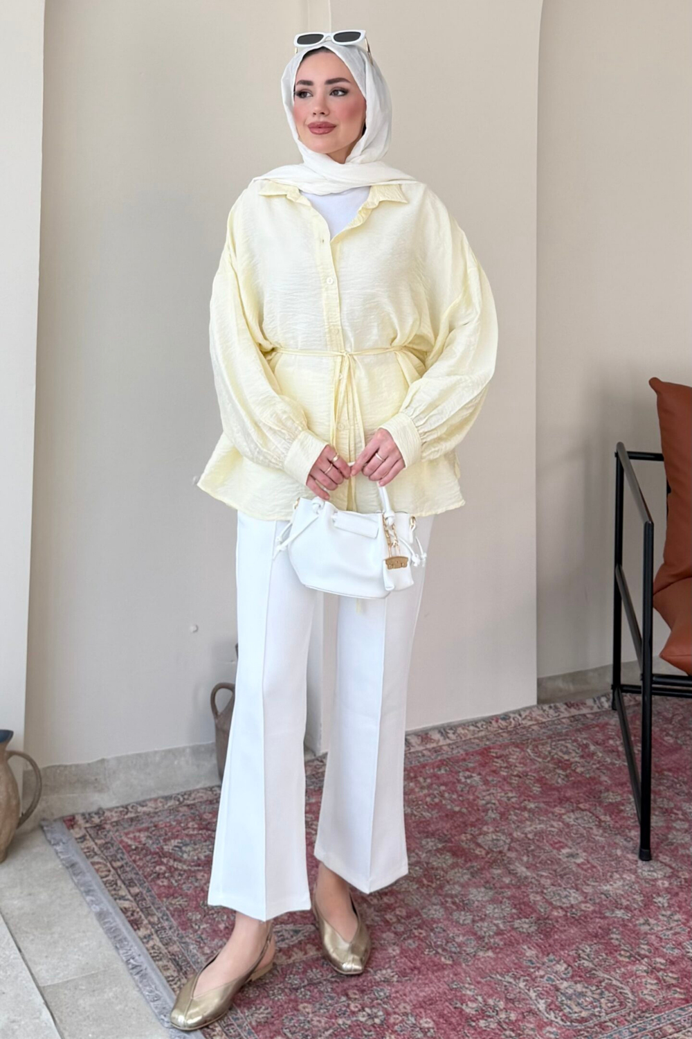 Mery Jakarlı Tül Modal Kumaş Oversize Gömlek- Sarı Standart (38-46 Uyumlu)