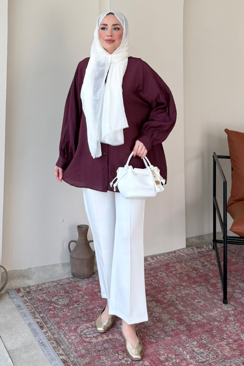 Mery Jakarlı Tül Modal Kumaş Oversize Gömlek- Mürdüm Standart (38-46 Uyumlu)