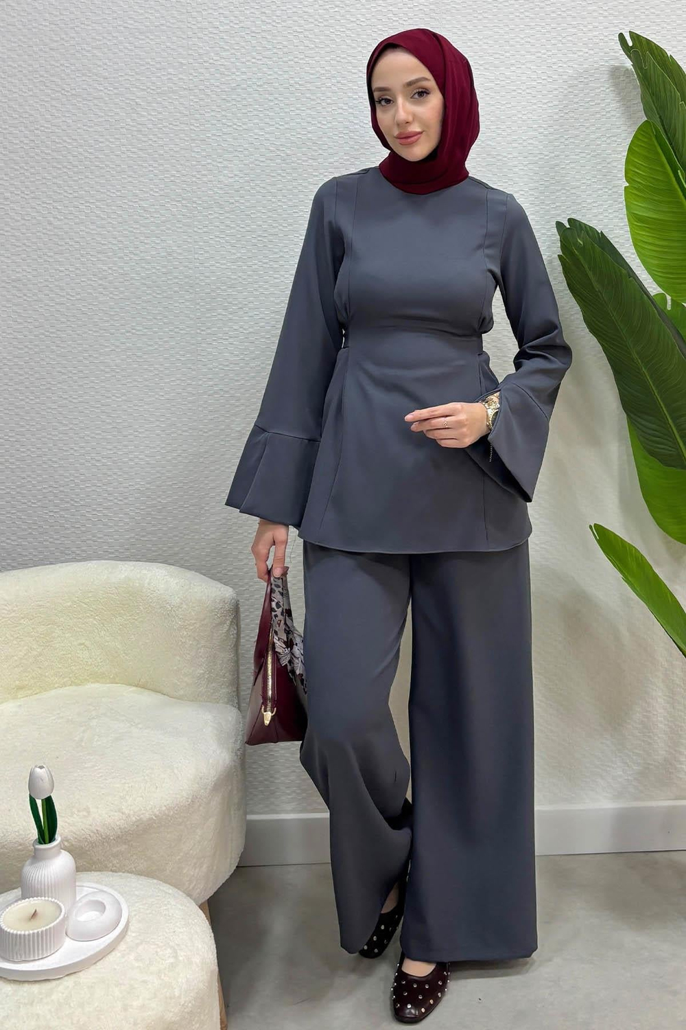 Meva Model Krep Bağlamalı Pantolon Tesettür Takım- Füme