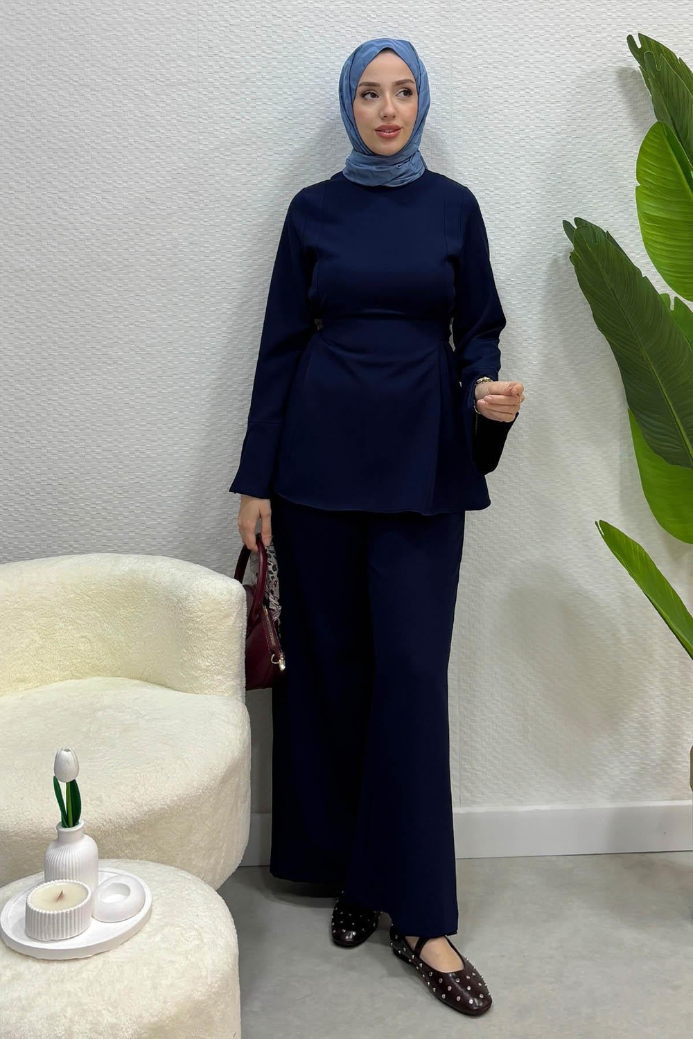 Meva Model Krep Bağlamalı Pantolon Tesettür Takım- Lacivert