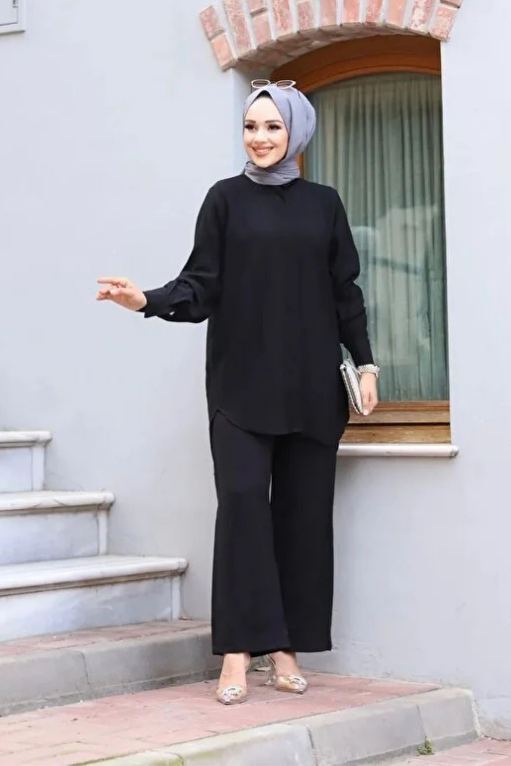 Modal Kumaş Gömlek Pantolon Oversize Tesettür Takım- Siyah