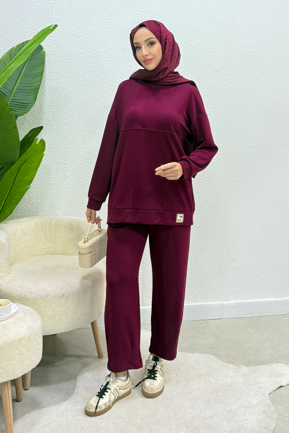 Modal Kumaş Kapüşonlu Mares Tesettür Takım- Bordo