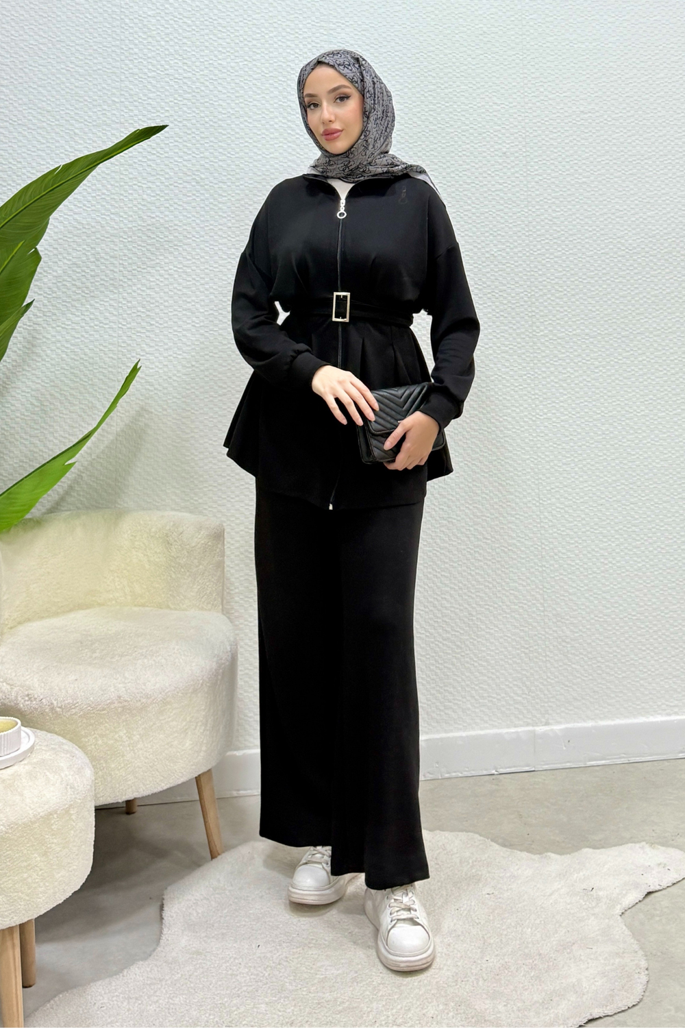 Modal Kumaş Kemerli Diva Takım- Siyah