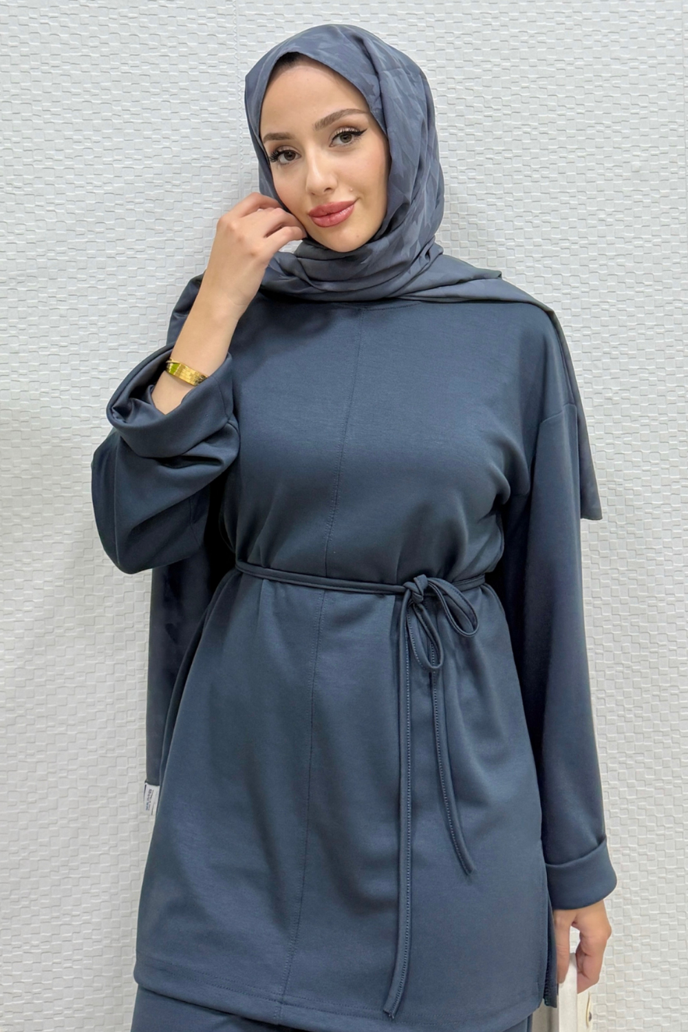 Modal Kumaş Kuşaklı Tesettür Tunik- Füme