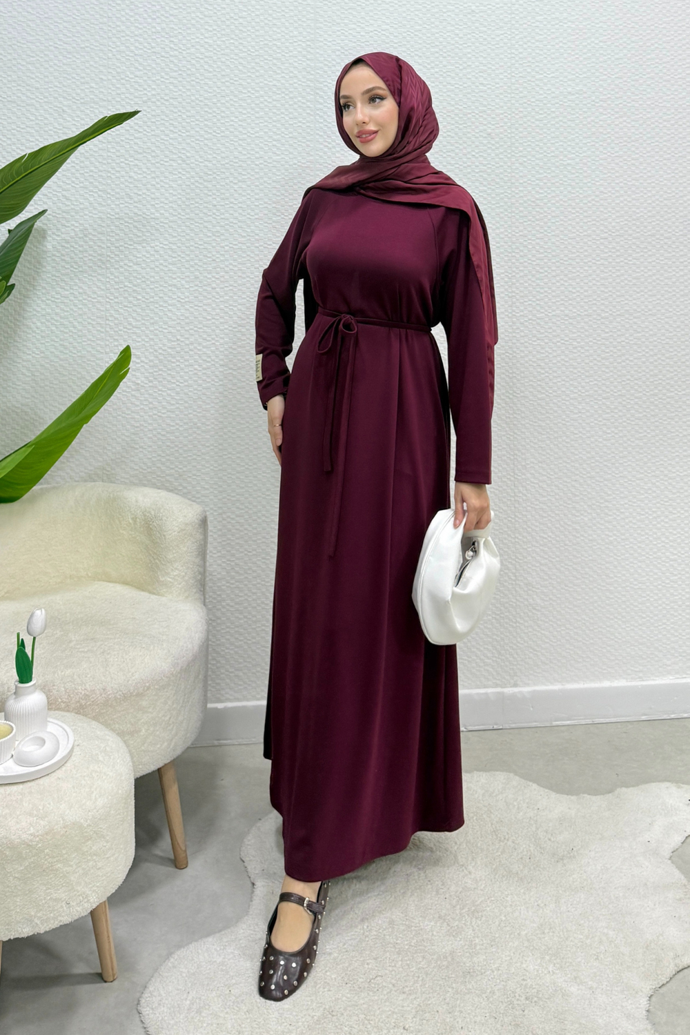 Modal Kumaş Kuşaklı Yade Elbise- Bordo