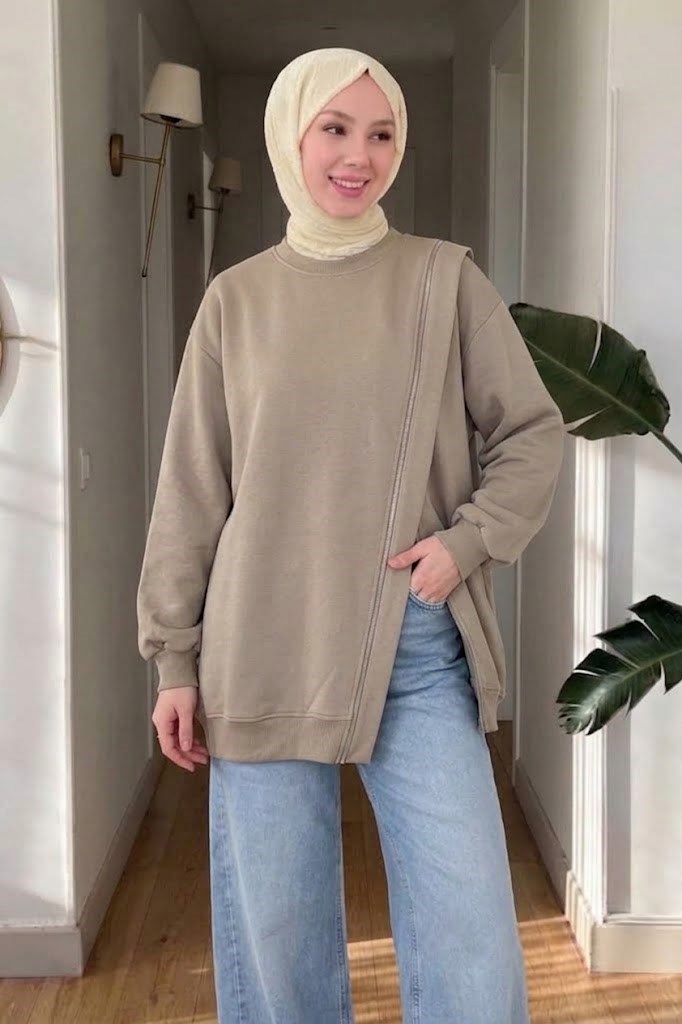 Nahe 3 İplik Şardonlu Oversize Fermuar Detaylı Sweatshirt- Haki