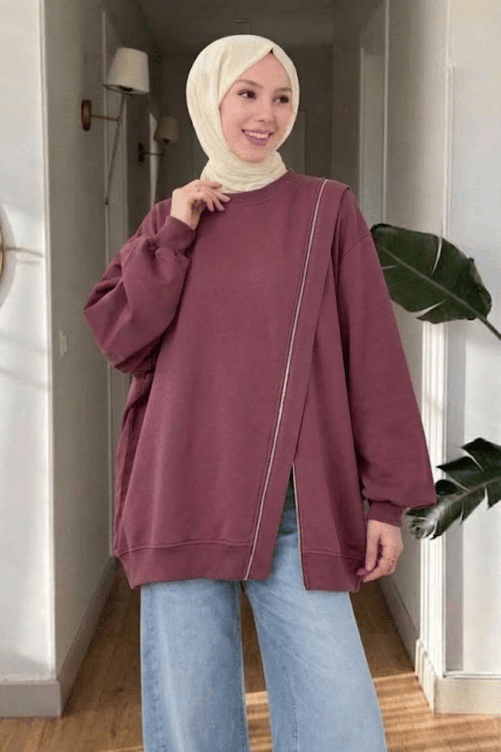 Nahe 3 İplik Şardonlu Oversize Fermuar Detaylı Sweatshirt- Mürdüm