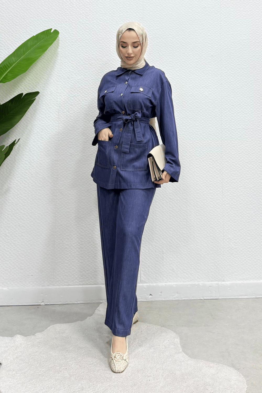Polka Kuşaklı Ceket-Pantolon Denim Tesettür Takım- İndigo