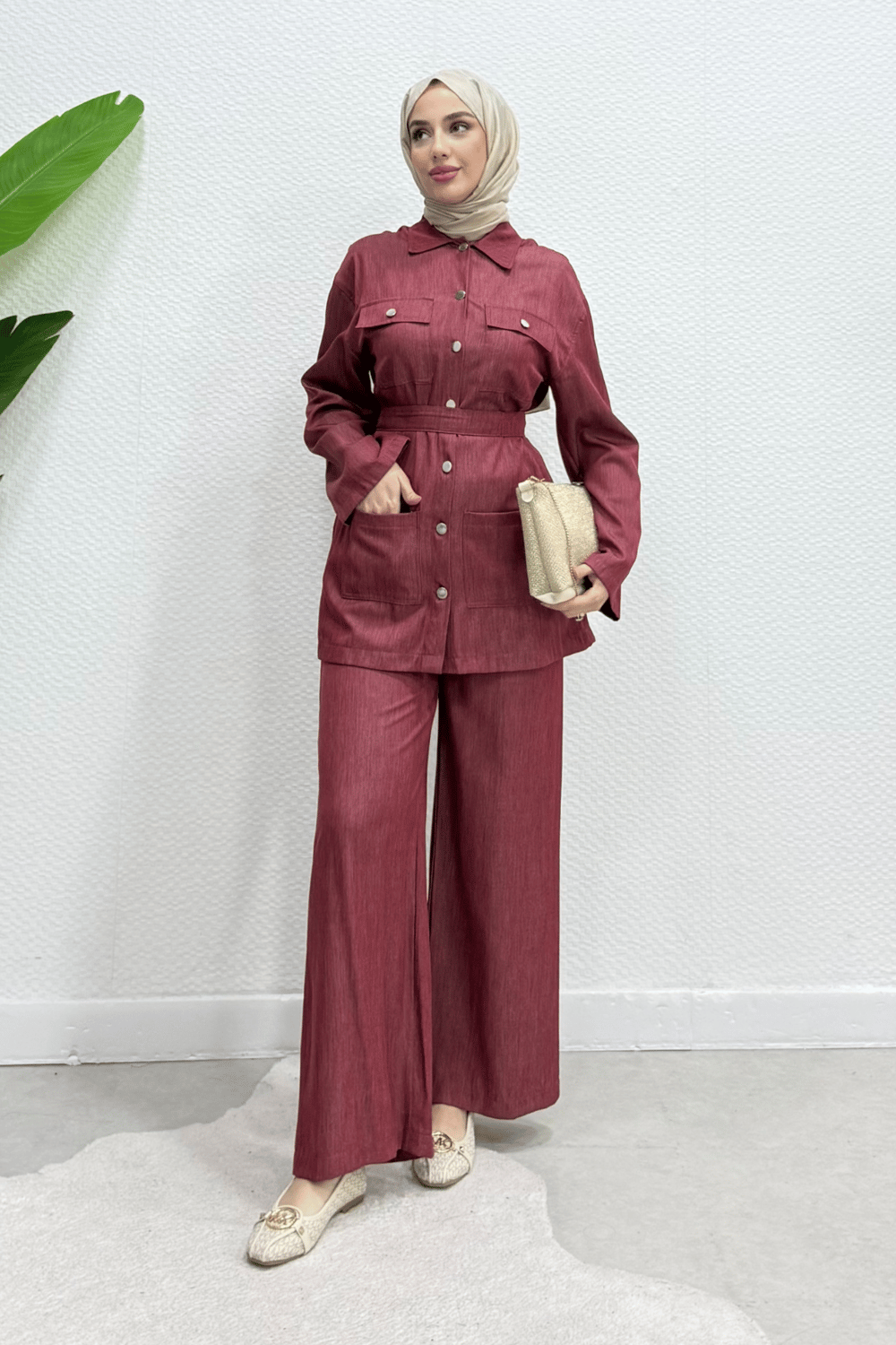 Polka Kuşaklı Ceket-Pantolon Denim Tesettür Takım- Bordo