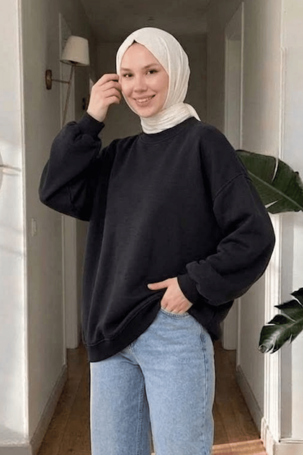Pony 3 İplik Şardonlu Oversize Basic Sweatshirt- Siyah Standart (40-46 Uyumlu)