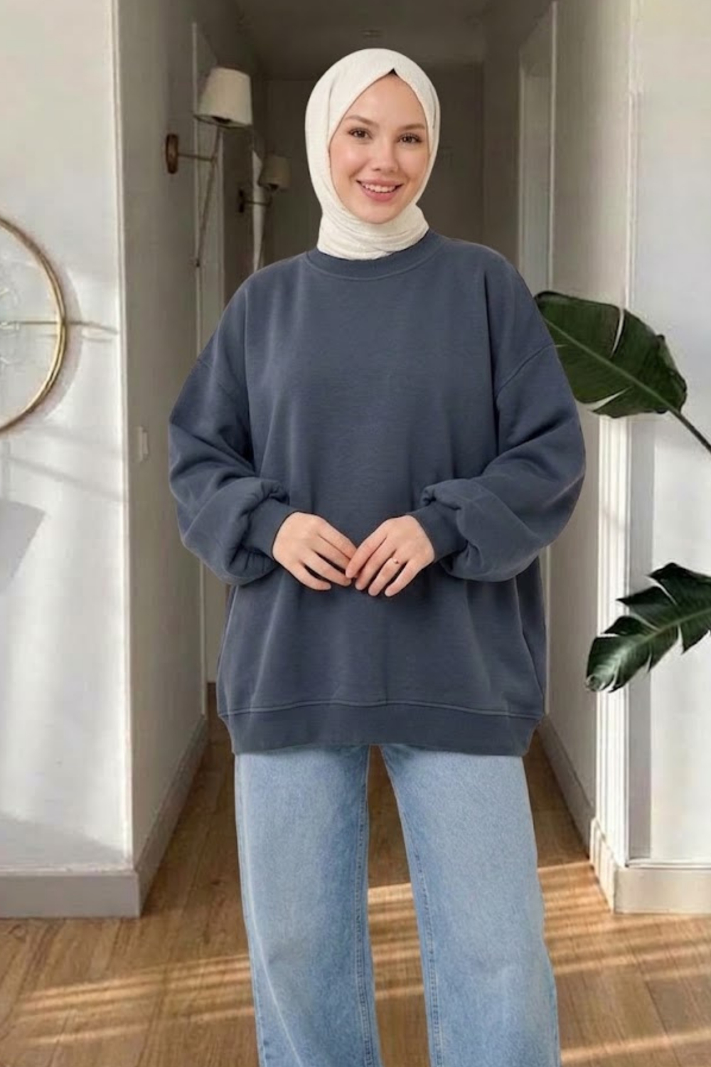 Pony 3 İplik Şardonlu Oversize Basic Sweatshirt- Füme Standart (40-46 Uyumlu)