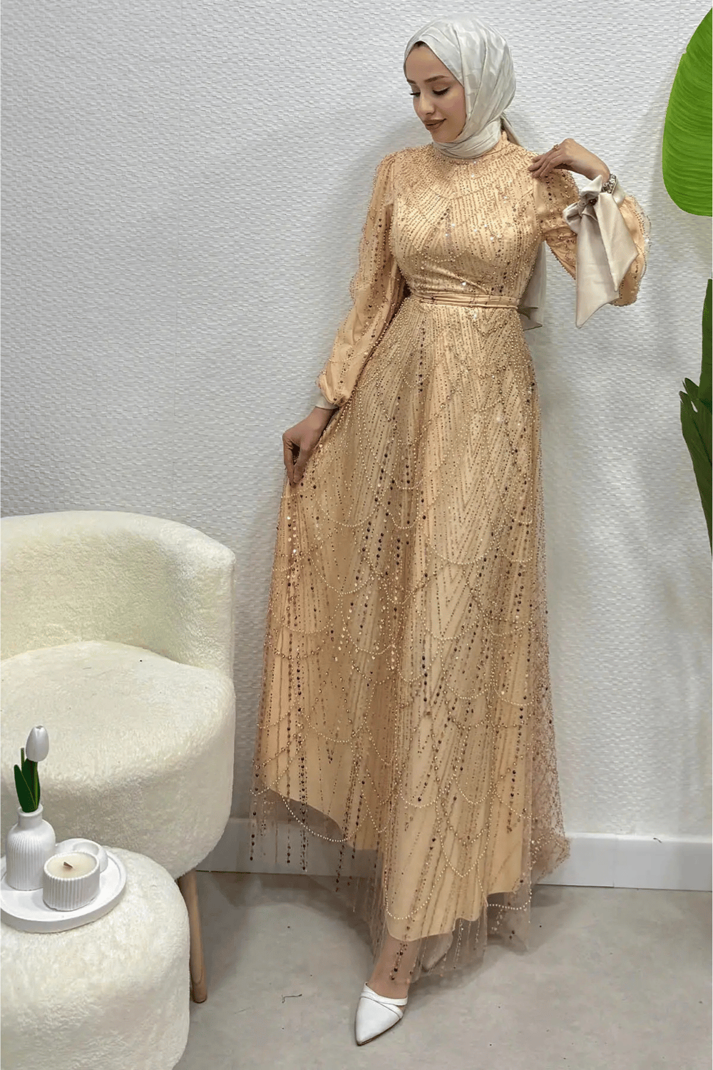 Prenses Model Taş İşlemeli Tesettür Abiye- Bej