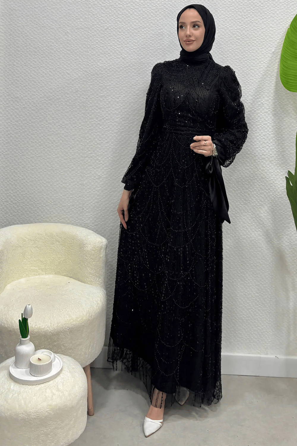Prenses Model Taş İşlemeli Tesettür Abiye- Siyah