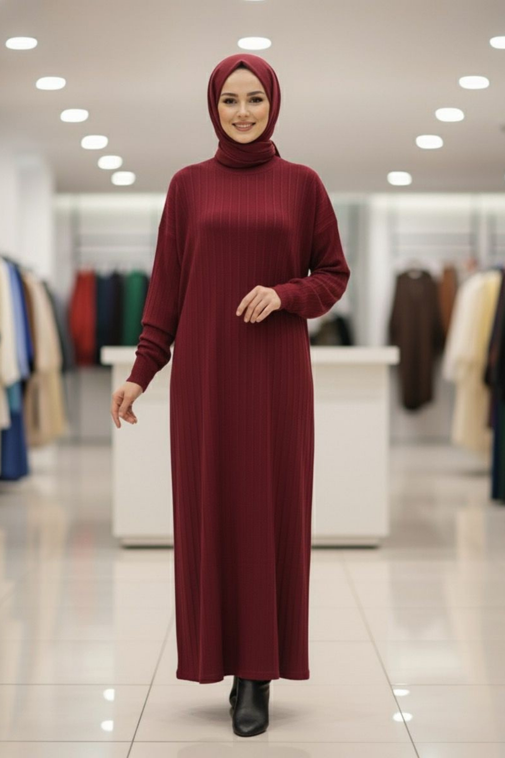 Rona Mevsimlik Fitilli Triko Elbise- Bordo Standart (36-42 Uyumlu)