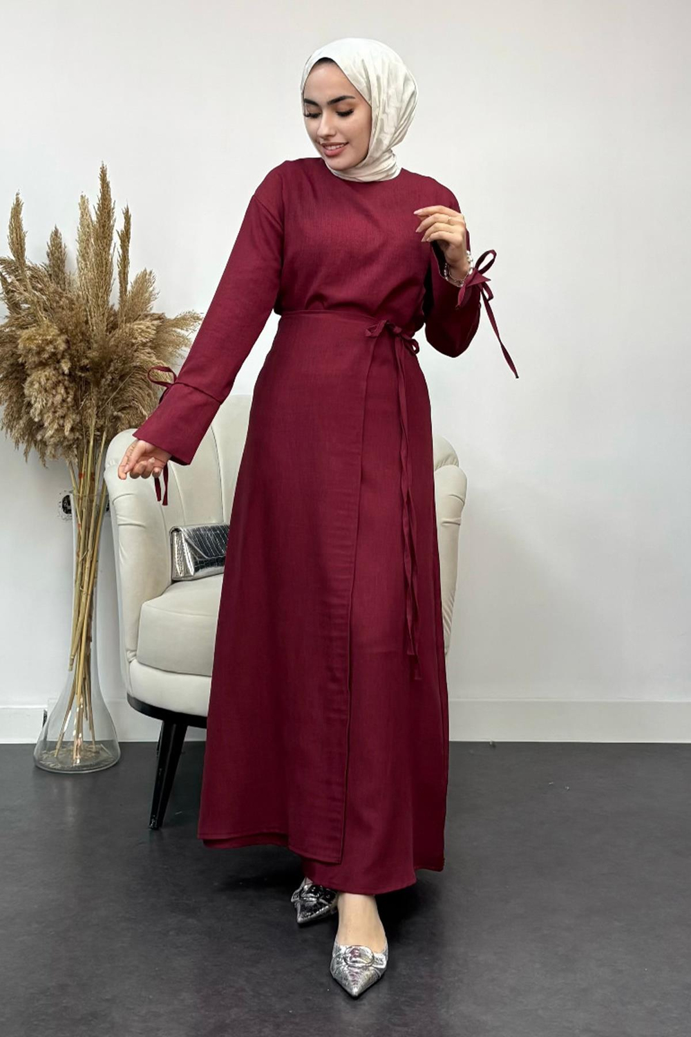 Sofya Keten Eteği Bağlamalı Takım-Bordo