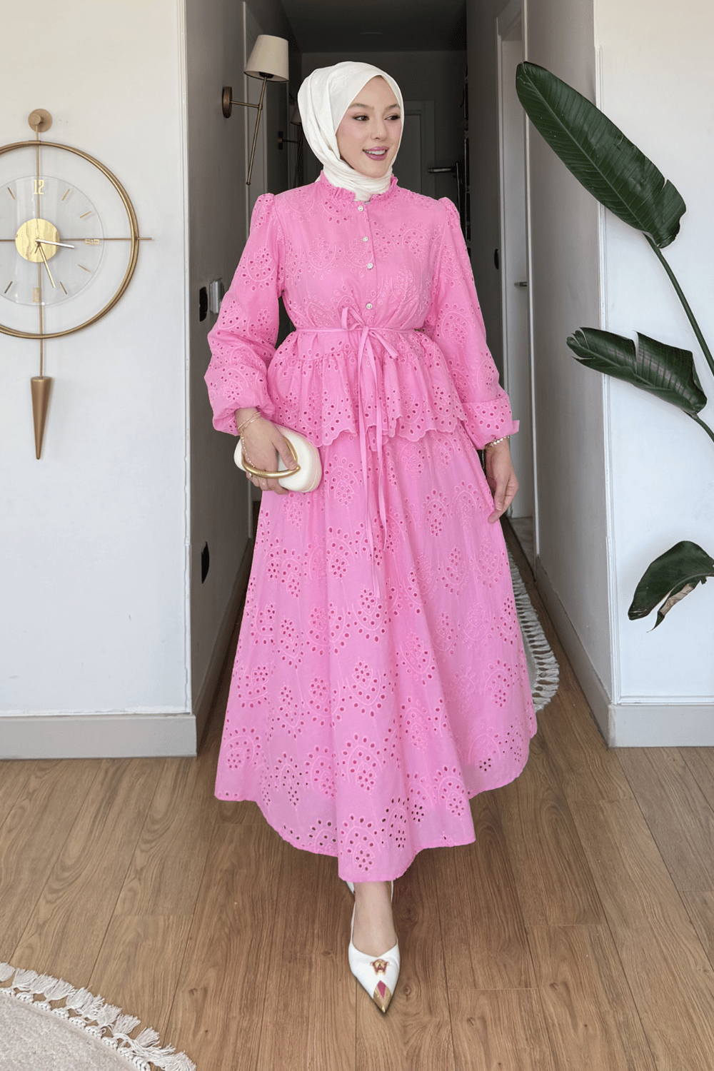 Velmir Fisto Kumaş Gömlek-Etek Tesettür Takım- Pembe
