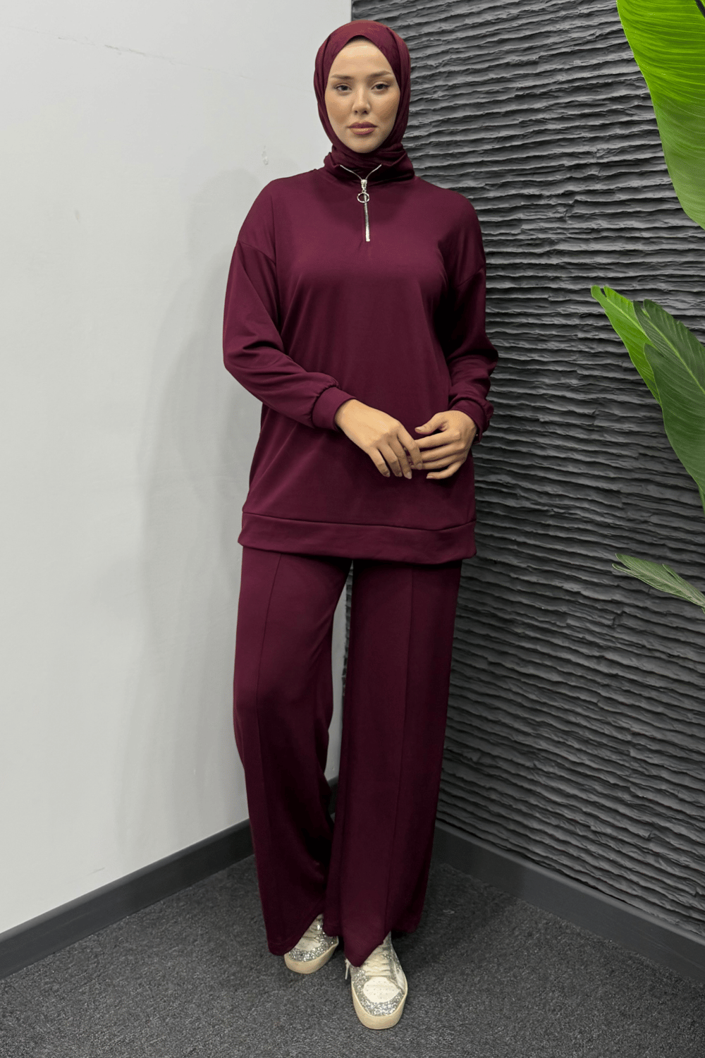 Yarım Fermuarlı Alt Üst Spor Tesettür Takım- Bordo