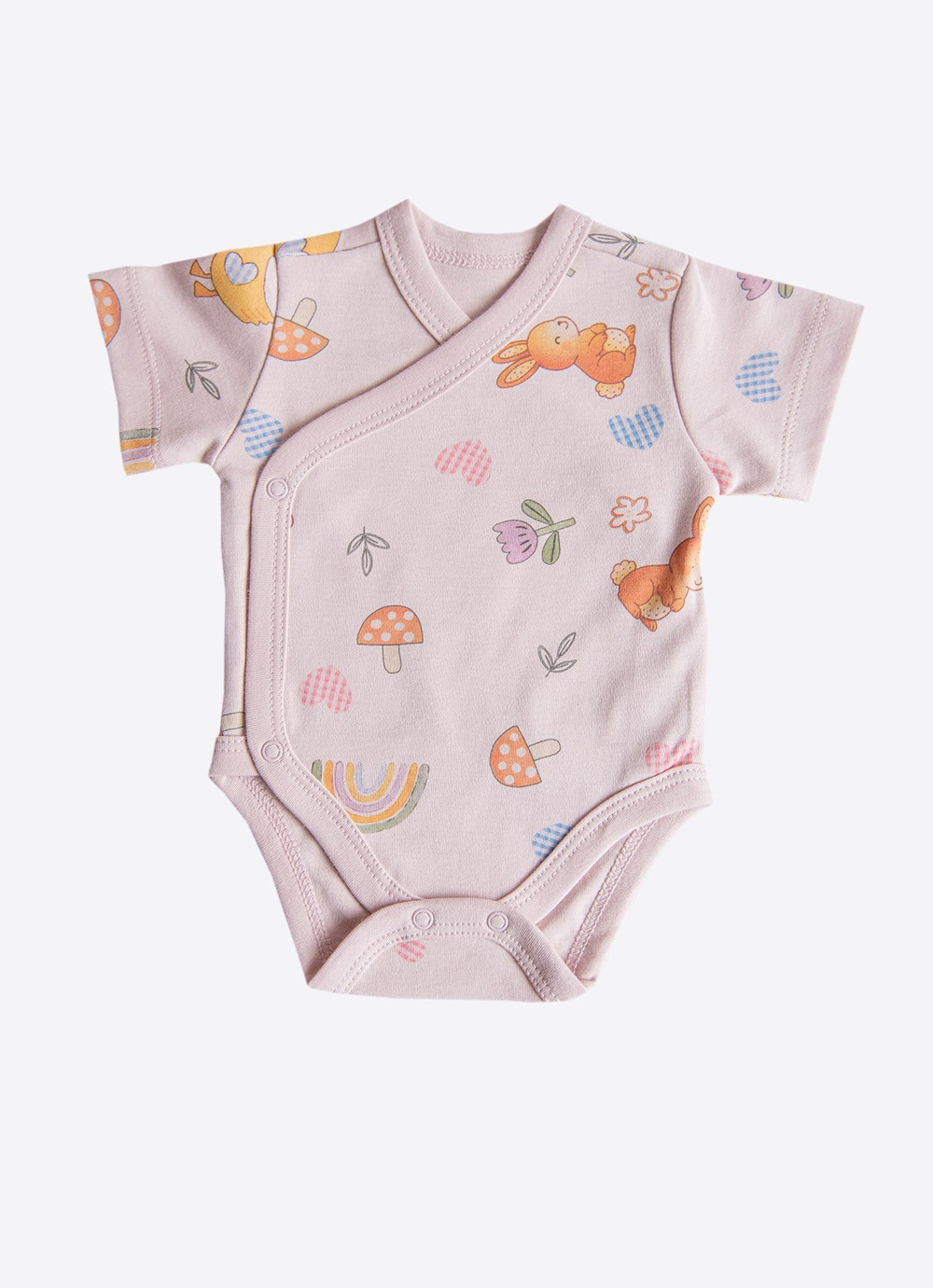 Organik Cute Bunny 3lü Kruvaze Kısa Kol Body Pembe