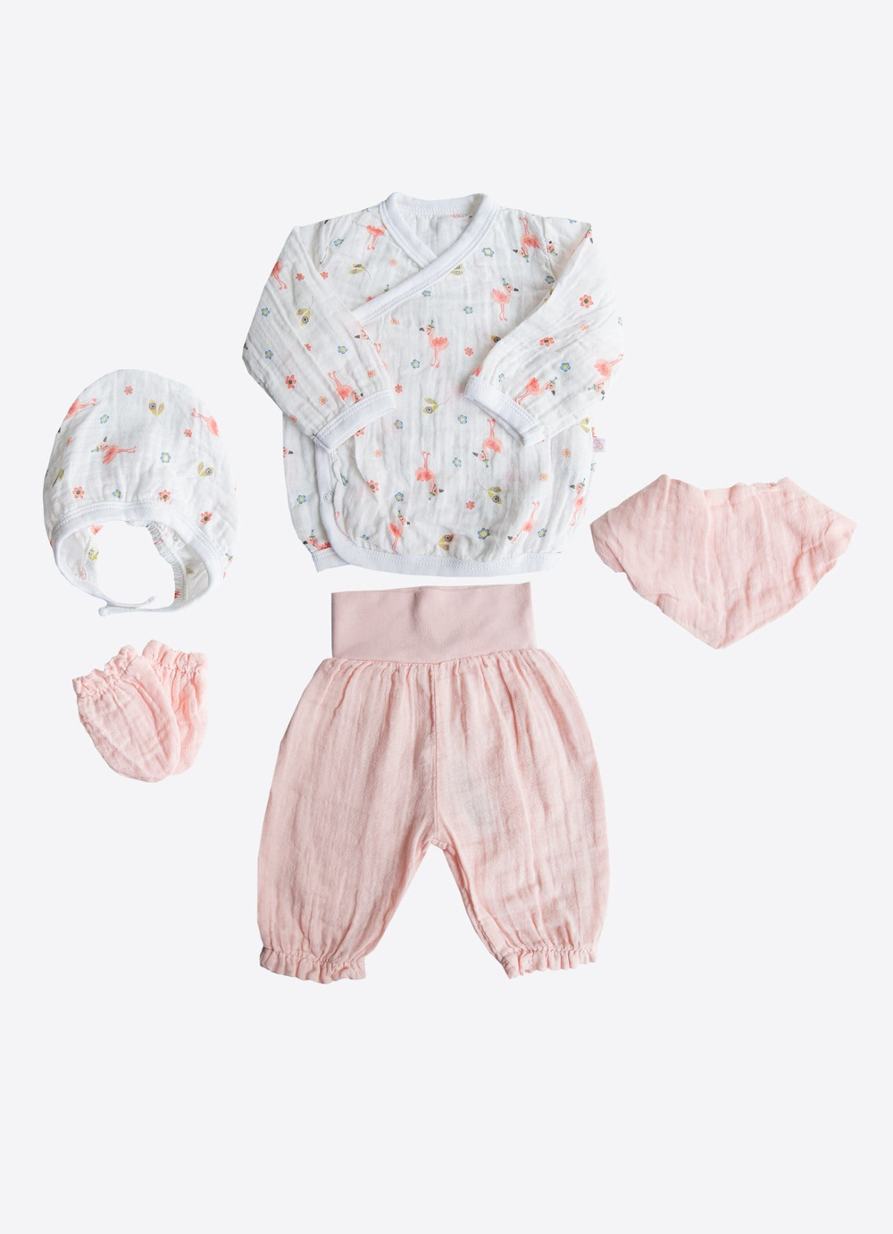 Organik Flamingo Müslin 5li Hastane Çıkış Seti Pembe