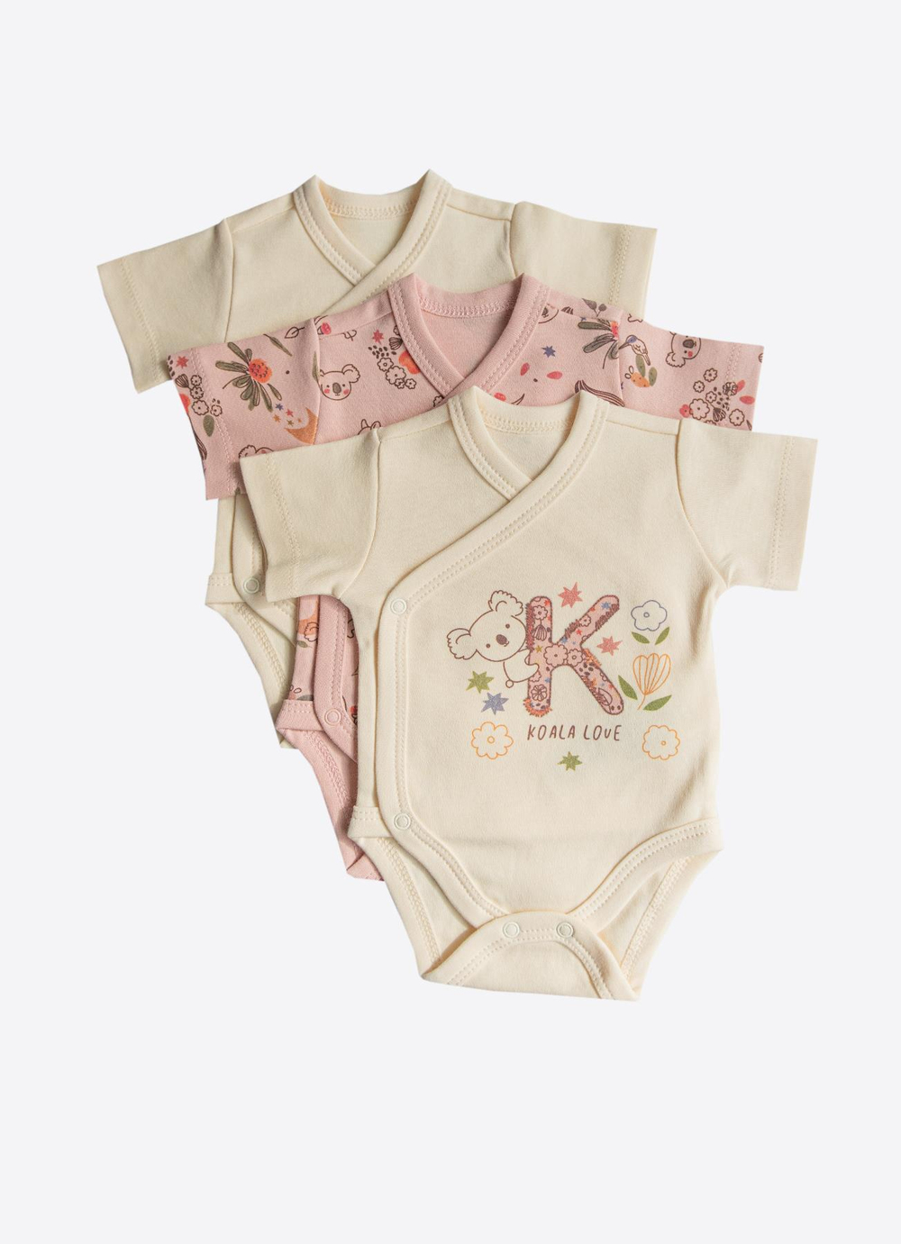 Organik Happy Koala 3lü Kısa Kol Kruvaze Body Pembe