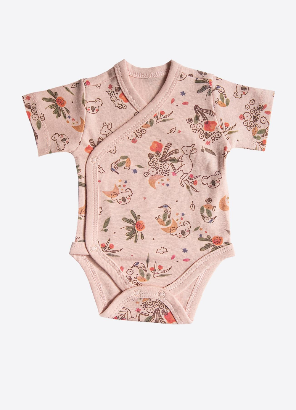 Organik Happy Koala 3lü Kısa Kol Kruvaze Body Pembe