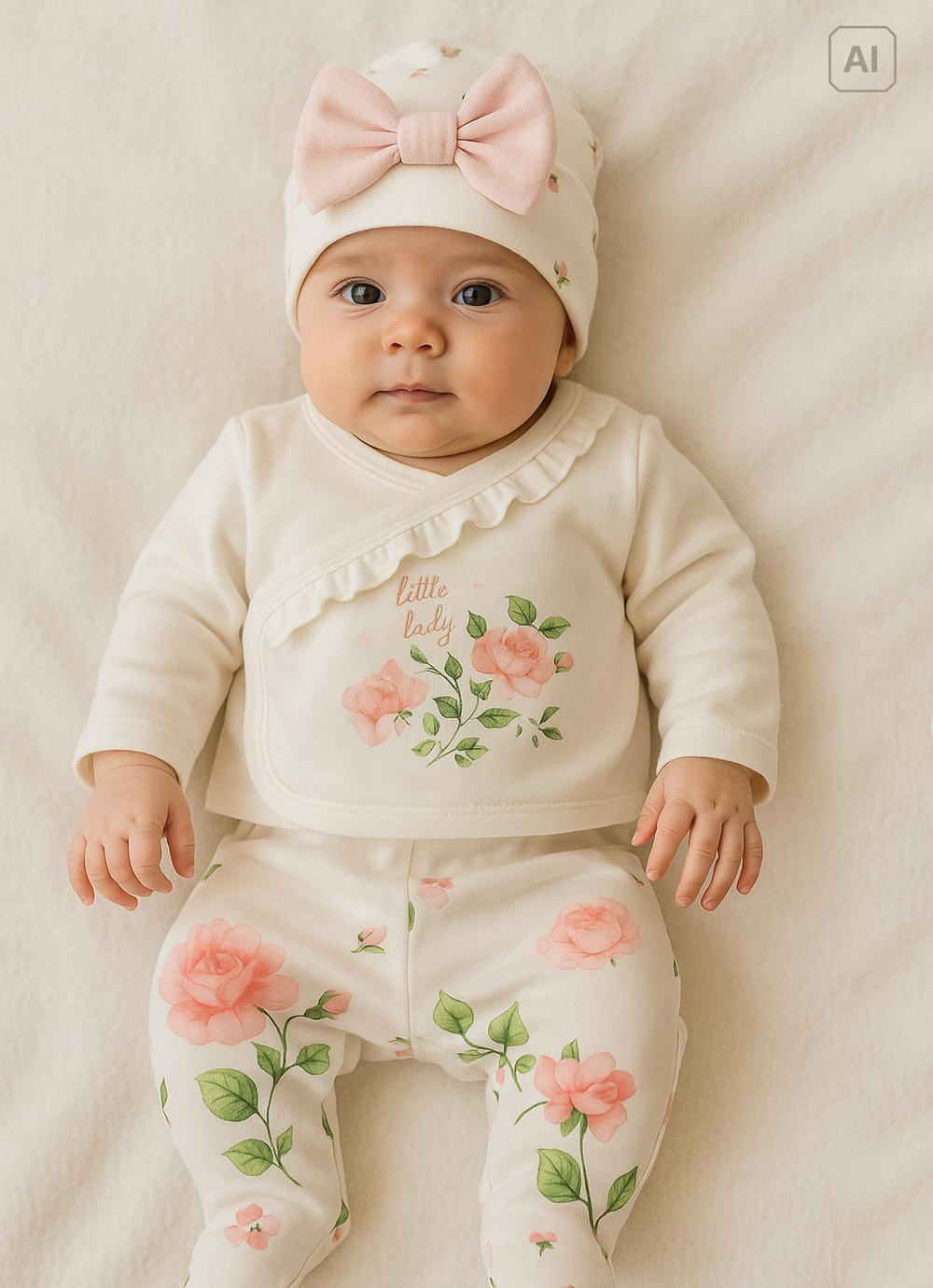 Organik Love Roses 5li Hastane Çıkış Set Ekru